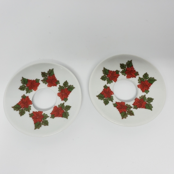 Candle Rings Plates Porcelain Holly Poinsettia Chirstmas Set of 2 - Picture 8 of 16